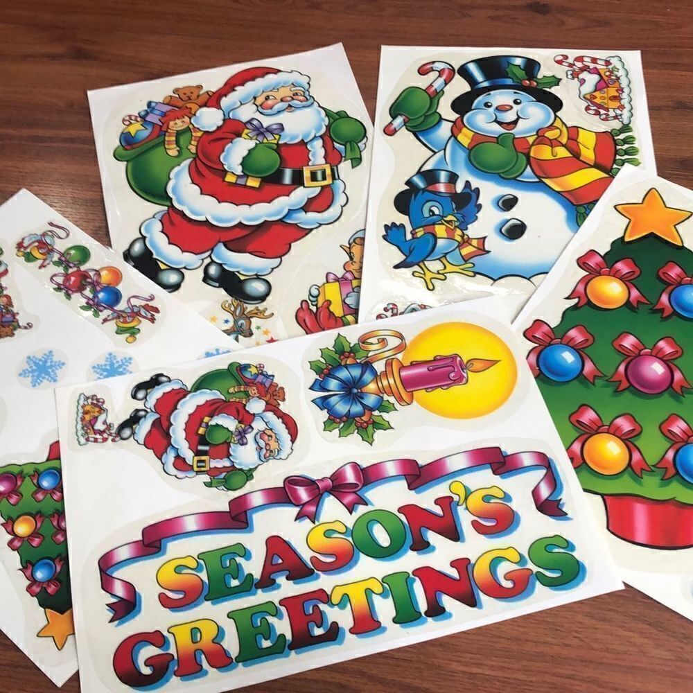 Vintage 70s 80s vinyl decal  Christmas window stick on vinyl Five sheets
